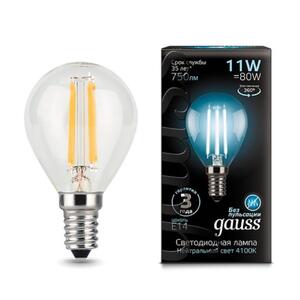 105801211 Лампа Gauss Filament Шар 11W 750lm 4100К Е14 LED 1/10/50 рис.0