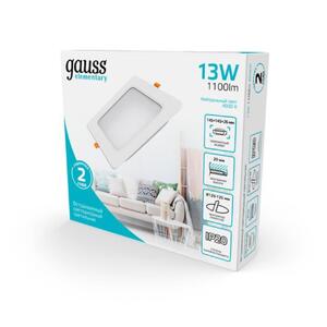 998420212 Светильник Gauss Elementary Downlight квадрат 13W 1100lm 4000K 170-260V IP20 145*26 монтаж рис.3