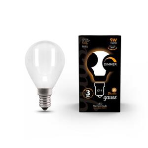 105201109-D Лампа Gauss Filament Шар 9W 590lm 3000К Е14 milky диммируемая LED 1/10/50