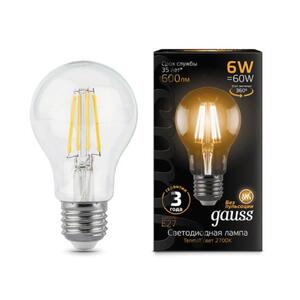 102802106 Лампа Gauss LED Filament A60 E27 6W 600lm 2700К 1/10/40 рис.0