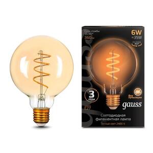 105802007 Лампа Gauss Filament G95 6W 360lm 2400К Е27 golden flexible LED 1/20 рис.0