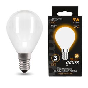 105201109 Лампа Gauss Filament Шар 9W 590lm 3000К Е14 milky LED 1/10/50