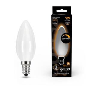 103201109-D Лампа Gauss Filament Свеча 9W 590lm 3000К Е14 milky диммируемая LED 1/10/50