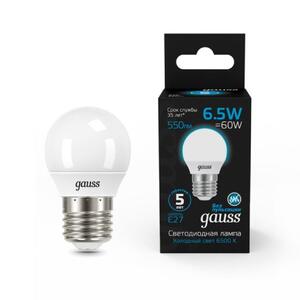 105102307 Лампа Gauss Шар 6.5W 550lm 6500K E27 LED 1/10/100 рис.0