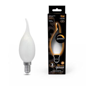 104201109-D Лампа Gauss Filament Свеча на ветру 9W 590lm 3000К Е14 milky диммируемая LED 1/10/50