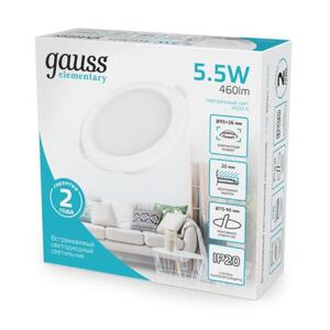 997420205 Светильник Gauss Elementary Downlight круг 5,5W 460lm 4000K 170-260V IP20 95*26 монтаж бел рис.3