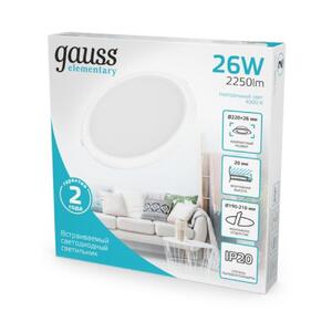 997520224 Светильник Gauss Elementary Downlight круг26W 2250lm 4000K 170-260V IP20 220*26 монтаж бел рис.4