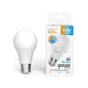 1023240 Лампа Gauss Basic A60 9,5W 820lm 3000K-4000K-6500K Е27 изм.цвет.темп. LED 1/10/50