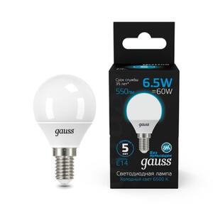 105101307 Лампа Gauss Шар 6.5W 550lm 6500K E14 LED 1/10/100