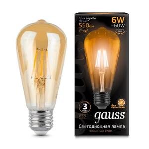 102802006 Лампа Gauss LED Filament ST64 E27 6W Golden 550lm 2400К 1/10/40 рис.0