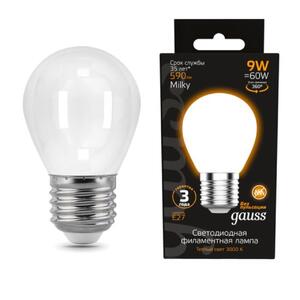 105202109 Лампа Gauss Filament Шар 9W 590lm 3000К Е27 milky LED 1/10/50 рис.0