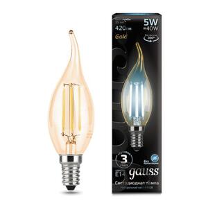 104801805 Лампа Gauss LED Filament Свеча на ветру E14 5W 420lm 4100K Golden 1/10/50