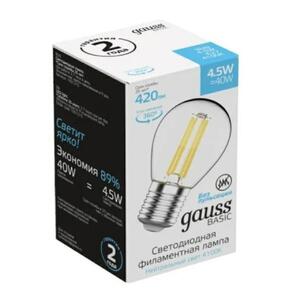 1051215 Лампа Gauss Basic Filament Шар 4,5W 420lm 4100К Е27 LED 1/10/50 рис.0