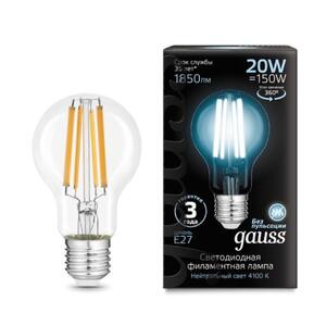 102902220 Лампа Gauss Filament А60 20W 1850lm 4100К Е27 LED 1/10/40 рис.0