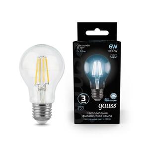 102802206 Лампа Gauss LED Filament A60 E27 6W 630lm 4100К 1/10/40