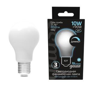 102202210-D Лампа Gauss Filament А60 10W 860lm 4100К Е27 milky диммируемая LED 1/10/40