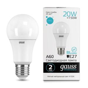 23229 Лампа Gauss LED Elementary A60 20W E27 1600lm 4100K 1/10/50