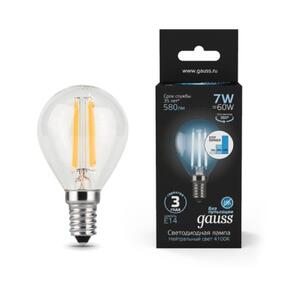 105801207-S Лампа Gauss Filament Шар 7W 580lm 4100К Е14 шаг. диммирование LED 1/10/50