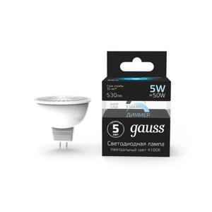 101505205-D Лампа Gauss LED MR16 GU5.3-dim 5W 530lm 4100K  диммируемая 1/10/100