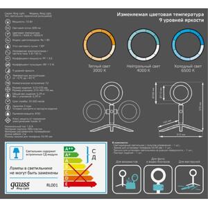 RL001 Светильник Gauss кольцевой 10W 600lm 3000-6500K 5V USB IP20 160*23мм черный дим, пульт LED 1/4 рис.7