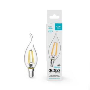 1041125 Лампа Gauss Basic Filament Свеча на ветру 4,5W 420lm 4100К Е14 LED 1/10/50