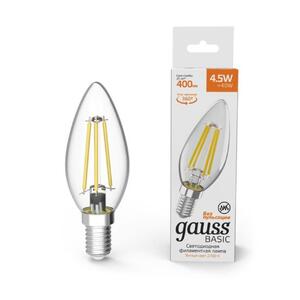 1031115 Лампа Gauss Basic Filament Свеча 4,5W 400lm 2700К Е14 LED 1/10/50 рис.0